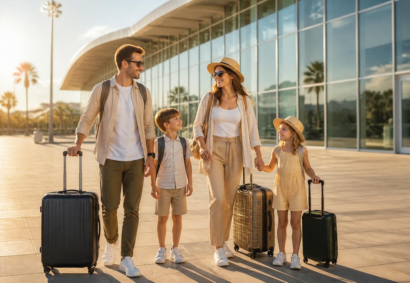 Happy family with luggage outside a modern airport terminal